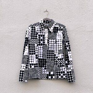 Vintage Women's 70s Black & White Geometric Op Art Polyester Henley Shirt Medium